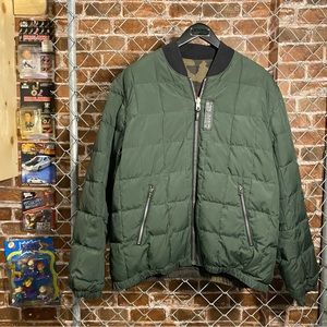 COACH reversible light duck down puffer bomber jacket, camouflage military green